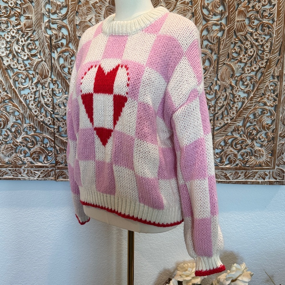 Luna Ivy Pink & White Crochet Checkered & Heart Sweater, Puff Sleeves, Cozy Soft - Picture 6 of 15